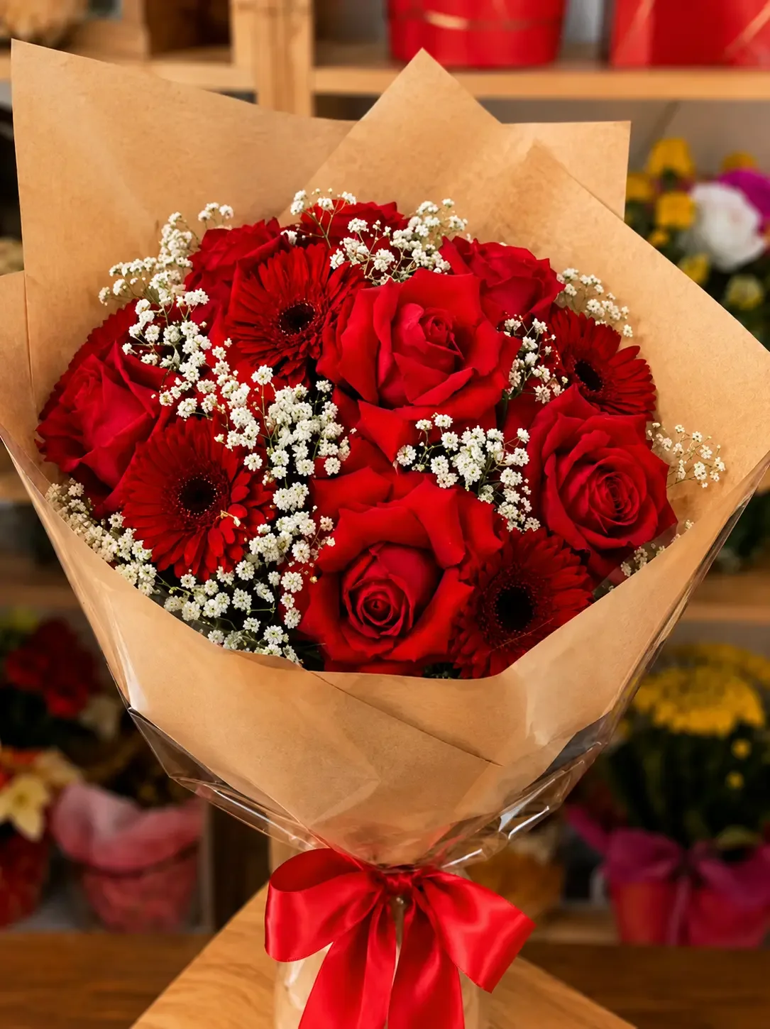 Buquê com rosas e flores vermelhas em embalagem kraft