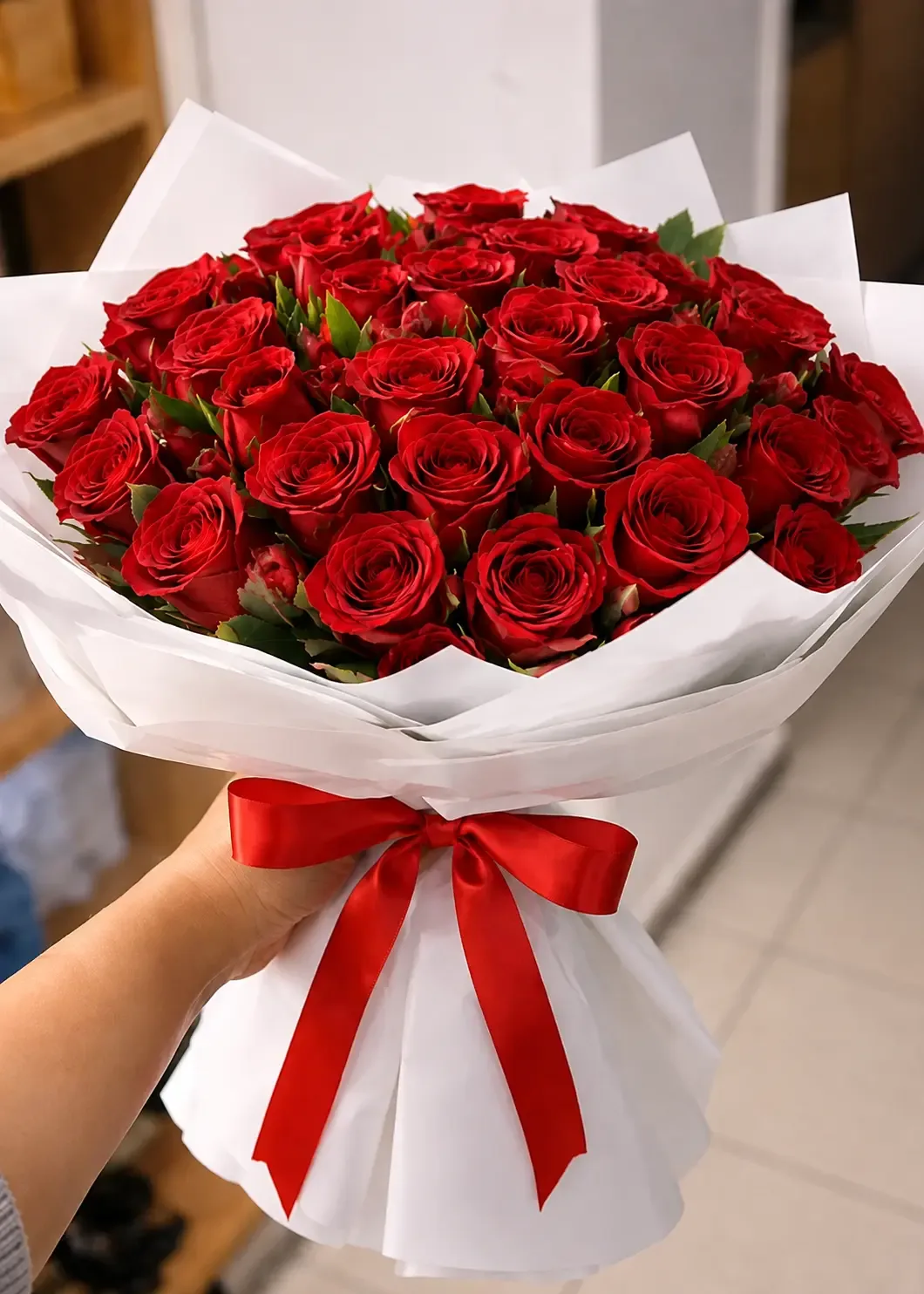 Buquê volumoso de rosas vermelhas com laço vermelho